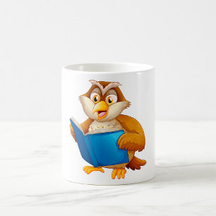Weise Eule liest Buch Kaffeetasse
