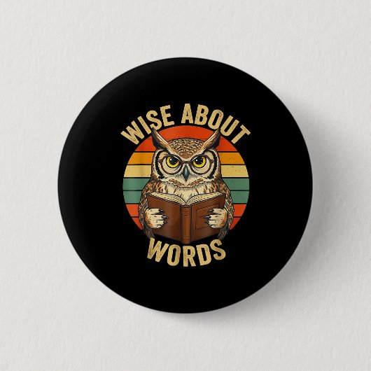 Weise Eule liest Buch, Vintage-Sonnenuntergang Button (Vorderseite)