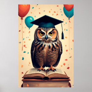 Weise Eule mit Abschlussmütze auf einem Buch sitze Poster
