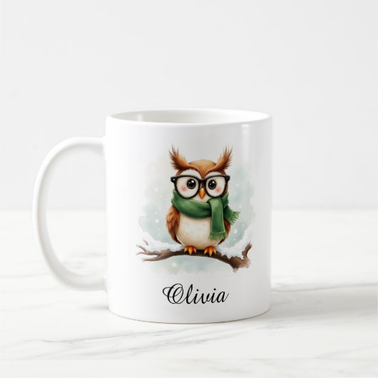 Weise Eule mit Brille und Schal - personalisierte  Kaffeetasse (Links)