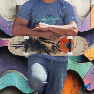 Weise Eule unter feurigem Mond, Retro-Wildnis Skateboard