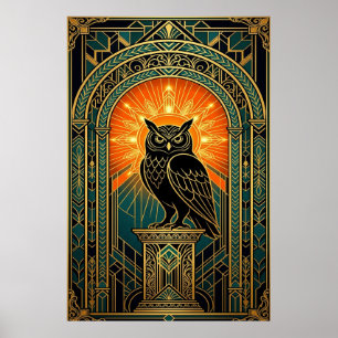 Weise Eulen-Silhouette Art Deco Mitternachtsgold Poster