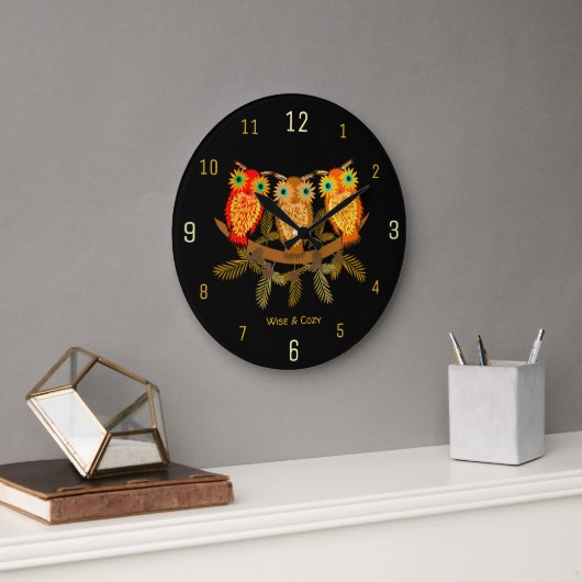 Weise & gemütliche Eulen Schwarz Große Wanduhr (Büro)