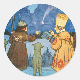 Weise Männer und Schafe in der Weihnachtsnacht im Runder Aufkleber