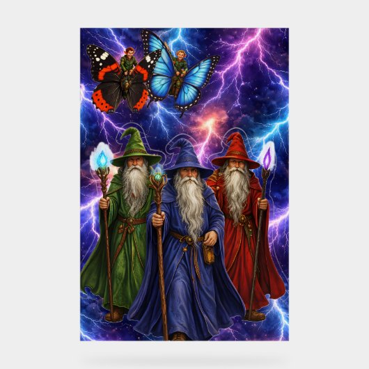 Weise Zauberer und Schmetterlingselfen, stürmische Acrylschild (Vorderseite)