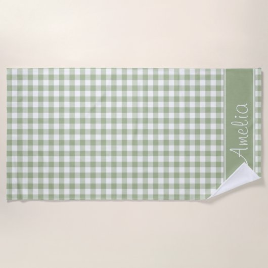 Weises Grün-Gingham-Muster | personalisiert Strandtuch (Vorderseite)