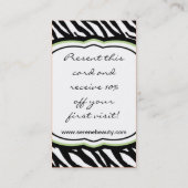 Weises Grünzebra-Wellness-Center-heiße Visitenkarte (Rückseite)