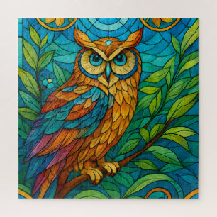 Weisheit in Glas Buntglas-Eule mit Blumen  Puzzle