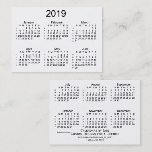 Weiß 2019 52 Wochen-Kalender durch Janz Visitenkarte (Vorne/Hinten)