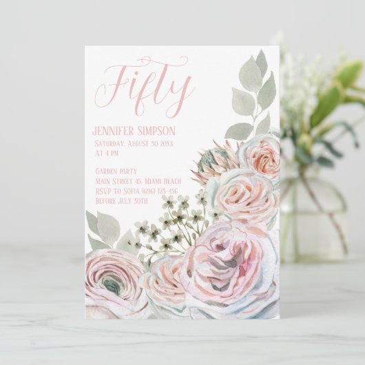 Weiß 50. feminin delikate Aquarellfarbe blassrosa Einladung (Stehend Vorderseite)