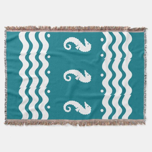 WEISS auf aquamarinem Aqua-BLAUE-MEERESPFERD Decke (Vorderseite)