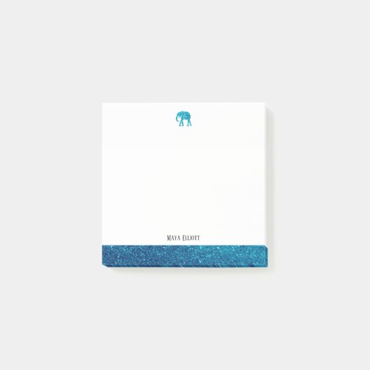 Weiß auf Aquamarinen Imitaten Glitzer Elephant & B Post-it Klebezettel (Vorderseite)