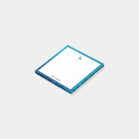 Weiß auf Aquamarinen Imitaten Glitzer Flamingo & B Post-it Klebezettel (angewinkelt)