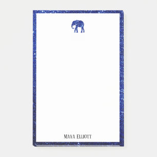 Weiß auf Blau Faux Glitter Elefant & Rand, Name Post-it Klebezettel