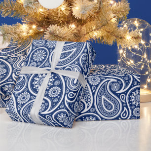 Weiß auf blauem Vintage-Paisleymuster Geschenkpapier
