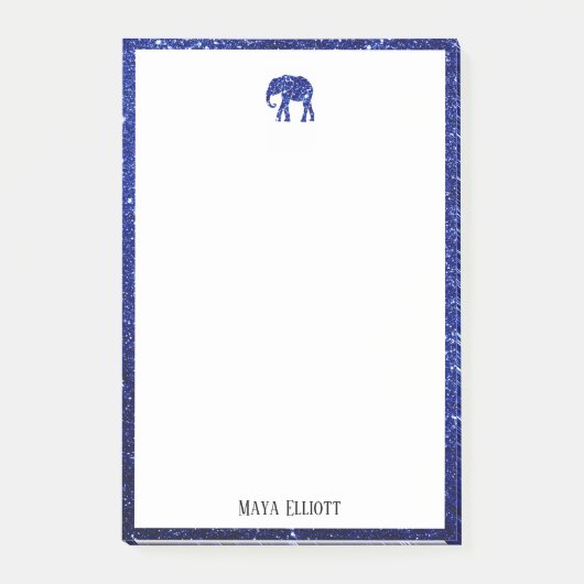 Weiß auf Blue Imitats Glitzer Elephant & Border, N Post-it Klebezettel (Vorderseite)