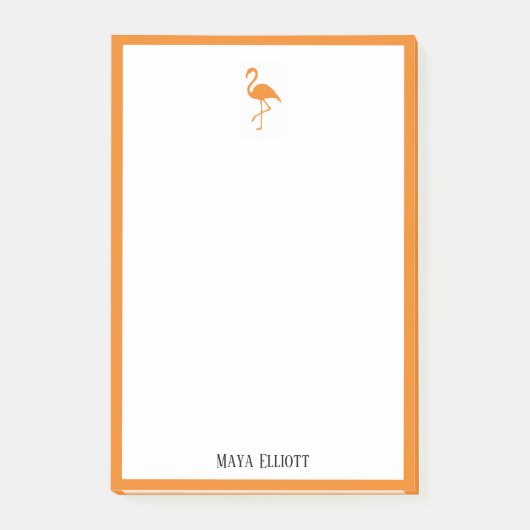 Weiß auf Bright Orange Flamingo & Border mit Name Post-it Klebezettel (Vorderseite)