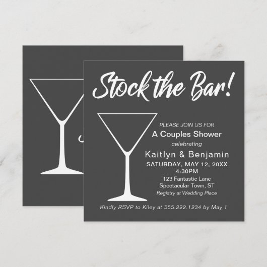Weiß auf grauem Stock Bar Script Couples Dusche Einladung (Vorne/Hinten)