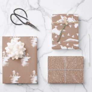 Weiß auf Kraft Trees, Vögel und Foliage Geschenkpapier Set