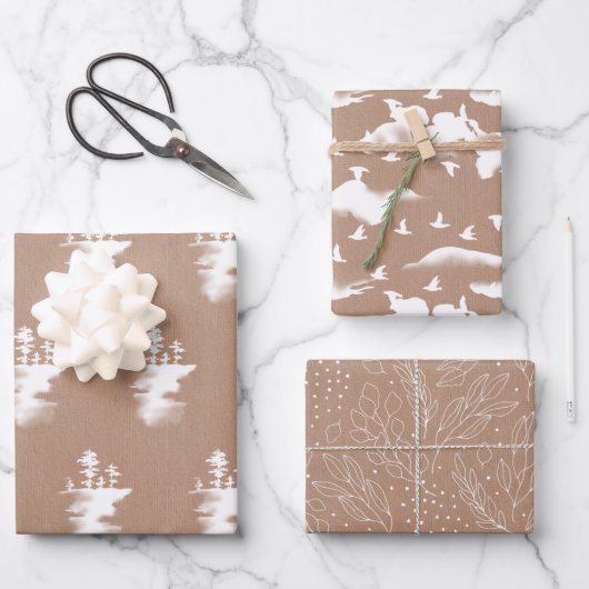 Weiß auf Kraft Trees, Vögel und Foliage Geschenkpapier Set (Vorderseite)