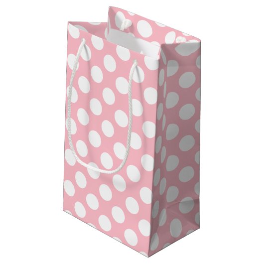 Weiß auf rosa große Polka-Punkte Kleine Geschenktüte (Rückseite Schrägansicht)