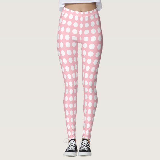 Weiß auf rosa mittelgroße, horizontale Polka-Punkt Leggings (Vorderseite)