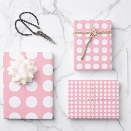 Weiß auf Rosa Unterschiedliche Größen Horiz. Polka Geschenkpapier Set (Vorderseite)