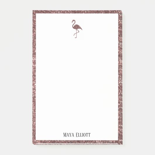 Weiß auf Rose Gold Glitzer Flamingo & Border, Name Post-it Klebezettel (Vorderseite)