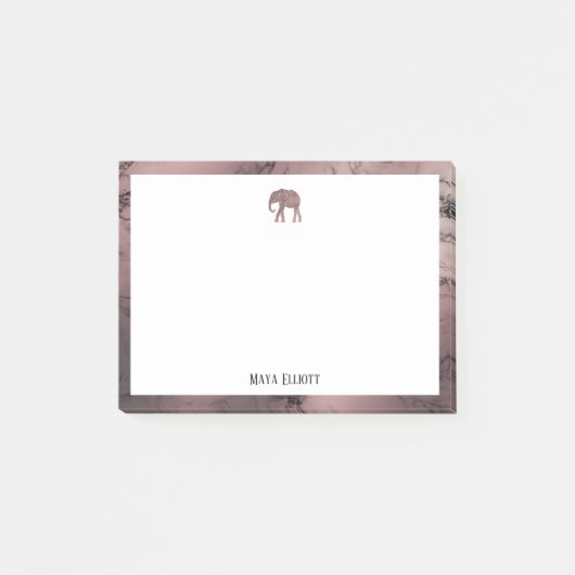 Weiß auf Rose Gold Marmor, Elefant & Border, Name Post-it Klebezettel (Vorderseite)