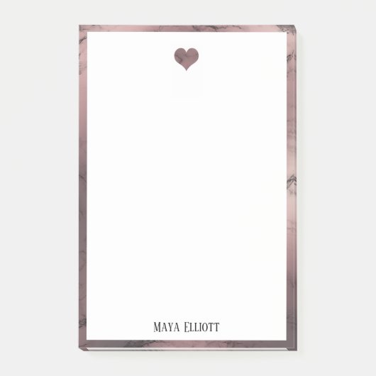 Weiß auf Rose Gold Marmor, Herz und Grenze, Name Post-it Klebezettel (Vorderseite)