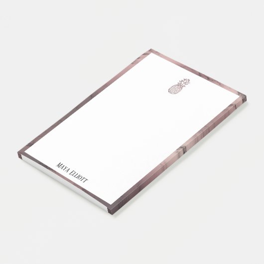 Weiß auf Rose Goldmarmor Ananas & Border, Name Post-it Klebezettel (angewinkelt)