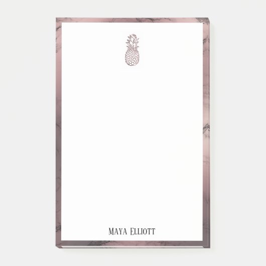 Weiß auf Rose Goldmarmor Ananas & Border, Name Post-it Klebezettel (Vorderseite)