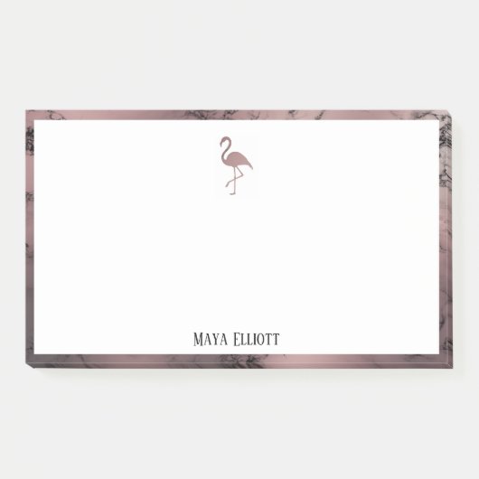 Weiß auf Rose Goldmarmor, Flamingo & Border, Name Post-it Klebezettel (Vorderseite)