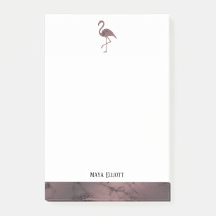 Weiß auf Rose Goldmarmor, Flamingo & Border, Name Post-it Klebezettel
