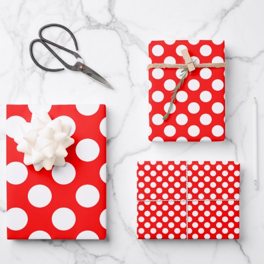 Weiß auf Rot verschiedenen Größen Polka Punkte Geschenkpapier Set (Vorderseite)