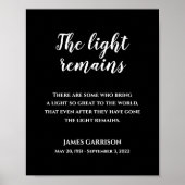 Weiß auf schwarz Das Licht bleibt Zitat-Gedenkmal Poster (Vorne)