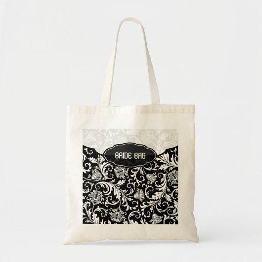 Weiß auf schwarzem Floral Damask Muster 2-Monogram Tragetasche (Vorne)