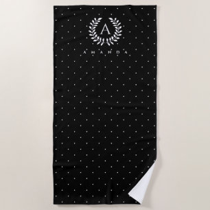 Weiß auf schwarzem Lorbeer-Monogramm-Polka-Dot-Mus Strandtuch