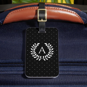 Weiß auf schwarzem Lorbeer-Monogramm-Polka-Punkt-M Gepäckanhänger