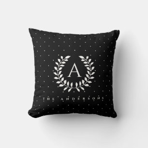Weiß auf schwarzem Lorbeer-Monogramm-Polka-Punkt-M Kissen