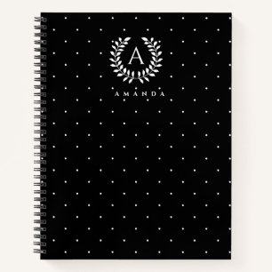 Weiß auf schwarzem Lorbeer-Monogramm-Polka-Punkt-M Notizblock