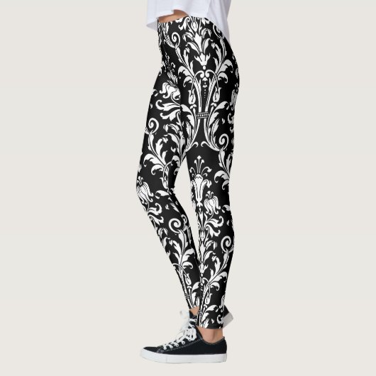 Weiß auf schwarzen Flora Wirbel Damask Leggings (Links)