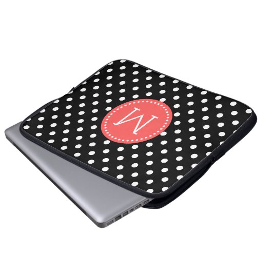 Weiß auf schwarzen Polka Dot Korallenrot Akzente Laptopschutzhülle (Vorne Knopf)