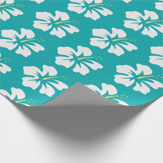 Weiß auf Sea Green Hibiskus Geschenkpapier (Ecke)