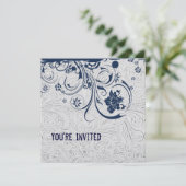 Weiß bearbeitete lederne und blaue einladung (Stehend Vorderseite)