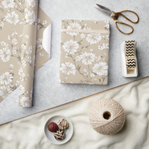 Weiß Beige Ditsy-Blumen elegant Boho 70er Jahre Vi Geschenkpapier