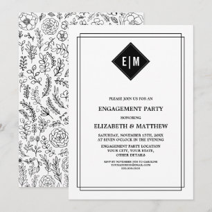 Weiß   Black Floral Engagement Party Einladung