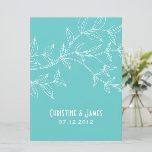 Weiß-Blätter auf Aqua, subtile Hochzeitseinladung Einladung (Stehend Vorderseite)