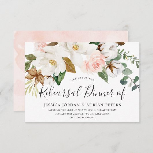 Weiß & blau Blumen Probe Abendessen Einladung (Vorne/Hinten)