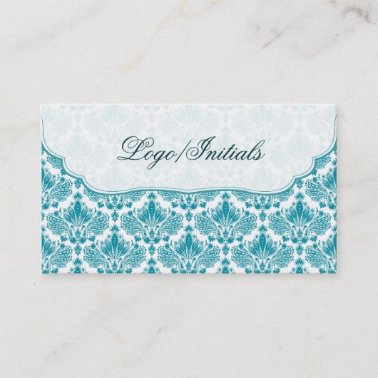 Weiß & blau Elegante Retro Floral Damask Visitenkarte (Vorderseite)